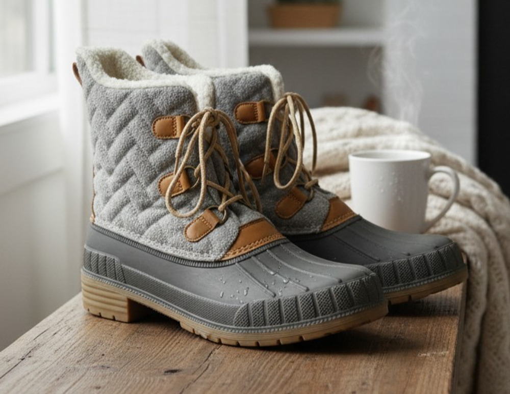 Time & Tru Women's Quilted Gray Duck Snow Boots Lace Up Fleece Lined Size 11